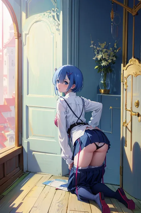 ８K,Masterpiece、Blue Hair、Japanese 、、、Lift up your skirt、On all fours、Showing panties、Stick your butt out、Turn your ass towards me、Blushing、、Showing panties、Pull up your skirt、Blushing、Bedroom
