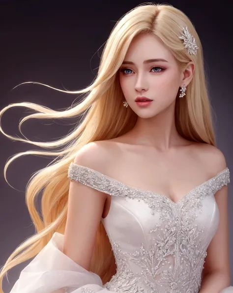 Realistic animated beautiful woman with blond hair in a white dress.