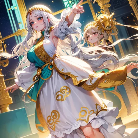 anime adult woman with wavy white hair with two strands over her face leaving her forehead exposed, beautiful and attractive golden and turquoise eyes, has a gem on her forehead, gentle and decorations in her hair, wearing a sundress with lace sleeves gray...