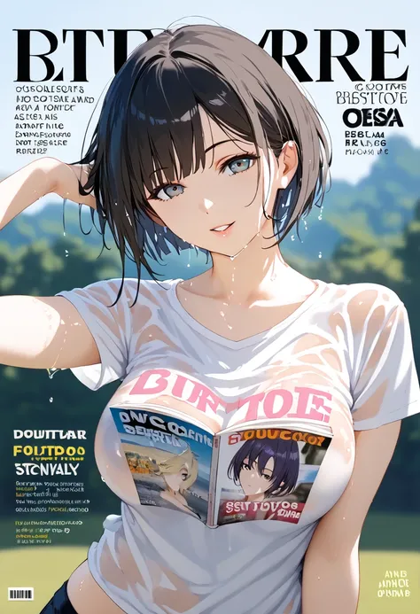 Magazine cover(masterpiece, best quality:1.2), 1 girl, solitary，short hair（（White sexy taut shirt））Wet body，（HD）（（best quality））， （（Surrealism））