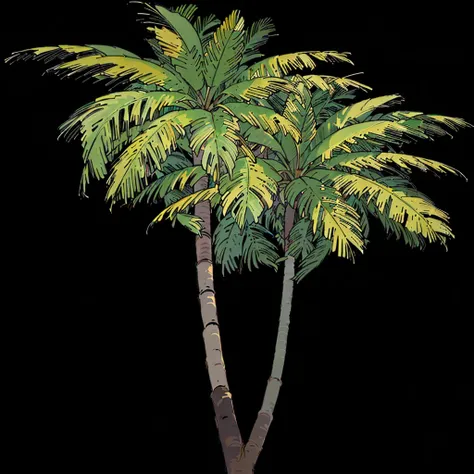 a close up of two palm trees on a black background, palm tree, tropical trees, tropical palms, a palm tree, palm trees, tree palms in background, palmtrees, exotic trees, coconut palms, palm trees in the background, palms, coconut trees, the palms come fro...