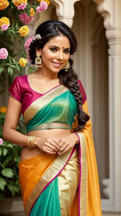 A photorealistic portrait of Kendra Lust dressed in a beautiful, colorful saree.
The saree should be draped elegantly, but modestly, covering her midriff.
Kendra has a warm and genuine smile on her face, her eyes sparkling with joy.
In her hands, she gentl...