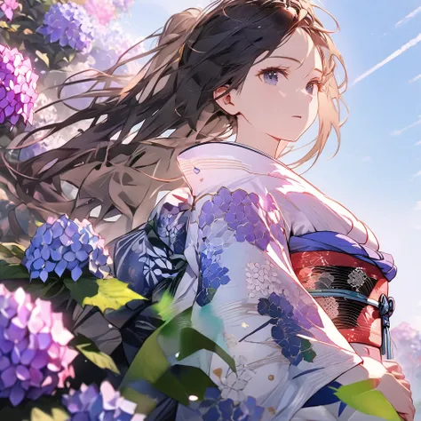 Hydrangeas,teddy bear, a beautiful girl, beautiful sky, detailed details, a large sky, a full-body image, detailed colors, dynamic angles, a beautiful Japanese kimono, BREAK ,quality(8k,wallpaper of extremely detailed CG unit, ​masterpiece,hight resolution...