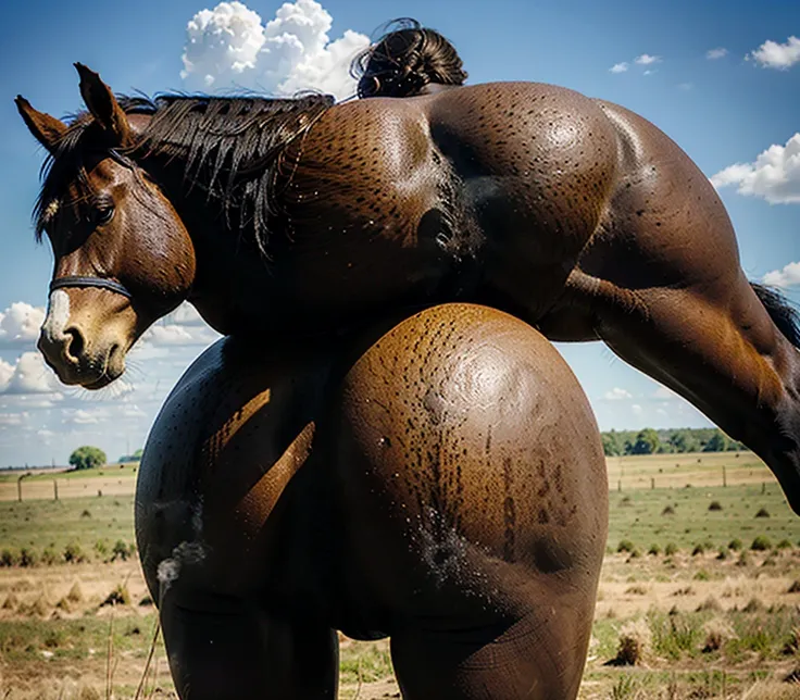 a very full figured very black skinned nude African woman riding a big  Belgian draft horse  mare (side view). big bum. very short tail. horse facing horizon .   flat grass meadow. steaming horse dung behind horse.   cloudless blue sky. 