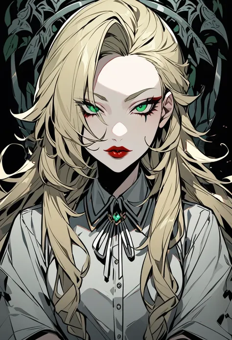 girl, tez blanca, blonde hair, long hair, thick lips, seductive look, green eyes, defined body, Gray shirt, danganronpa style 