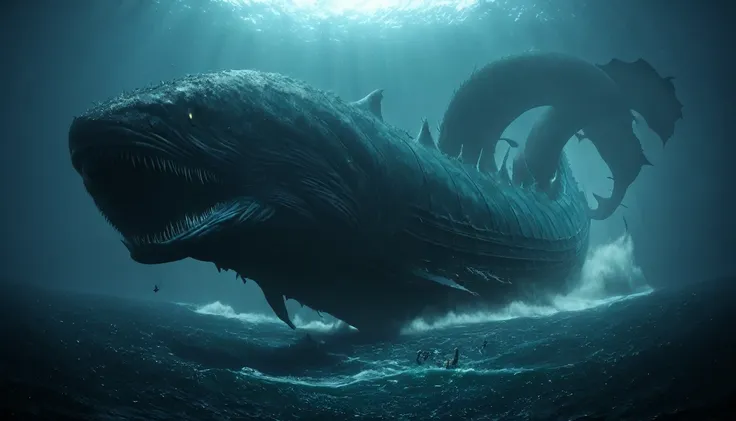 a huge leviathan at the right corner coming from the sea, dark, 4k