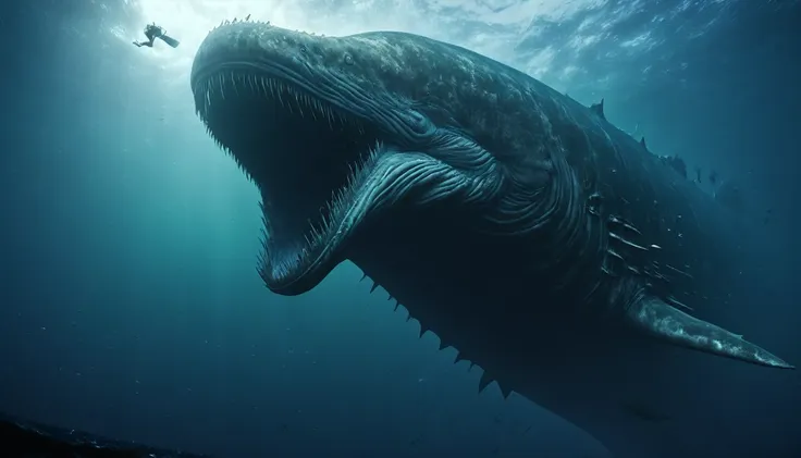 a huge leviathan at the right corner coming from the sea, dark, 4k