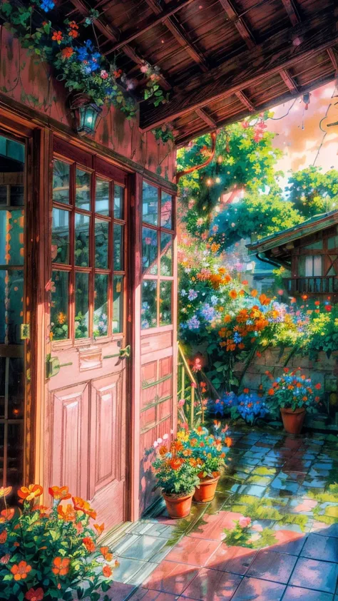 Near view, a house with flowers, no humans, window, shadow, plant, scenery, pink, red, blue flower, door, potted plant, orange flower, flower pot, rainy day, rain, 8k, anime, ghibli style, pink metallic white, sparkling house