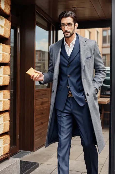 A tall handsome man with long face spectacles with little bread in coat and pant