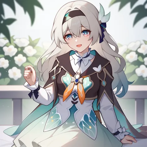 firefly (honkai: star rail),1girl,solo,jacket,white dress,long sleeves,white flower,headband,