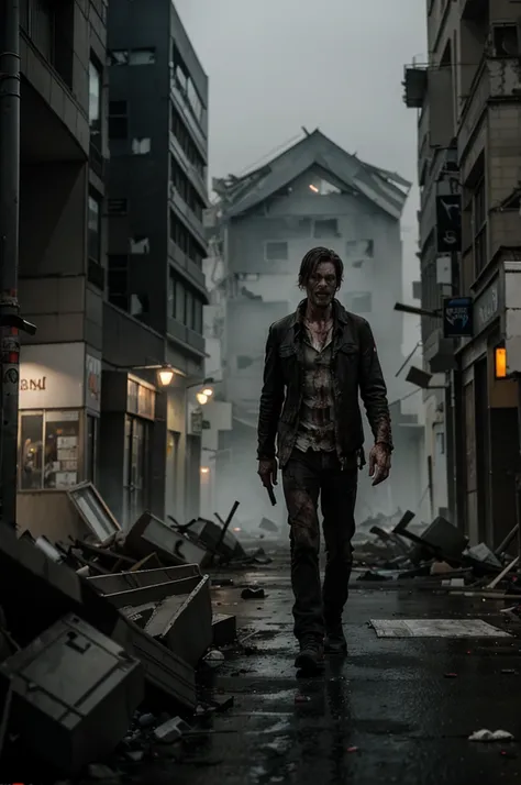 male zombie with a pale and scary face, seen walking in the middle of a destroyed and messy city, foggy atmosphere, looks realistic and real

