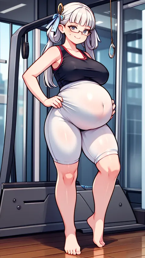 (Full body, glasses, detailed), An image of a pregnant girl wearing gym clothes with her belly on full display. She is a very voluptuous lady, she has a smug face and she is barefoot