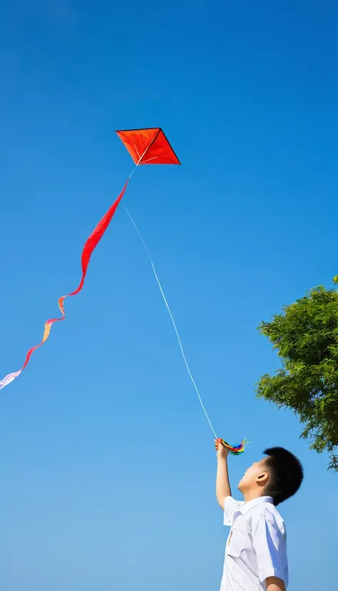 A Chinese high school student，lawn，fly a kite，Blue sky，Fighter jets across the sky