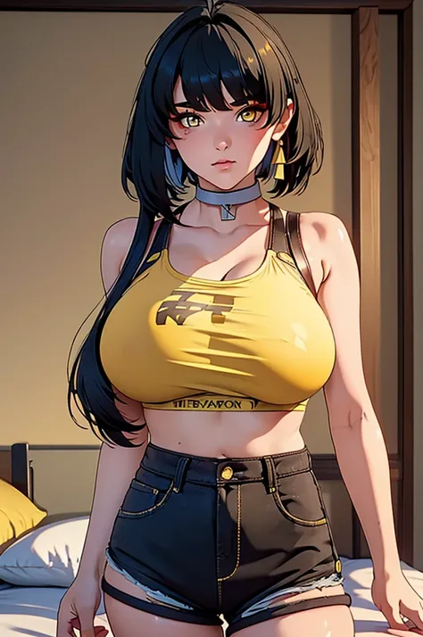 UHD, retina, masterpiece, accurate, super detail, high quality, highres, 4K,((1girl)), 17 years old, ((cute face)),((detile texture face)),((perfect eyes)), solo, ((shorts hair)),((yellow eyes),((straight)), huge breasts,((oversized breasts)),upper body, b...