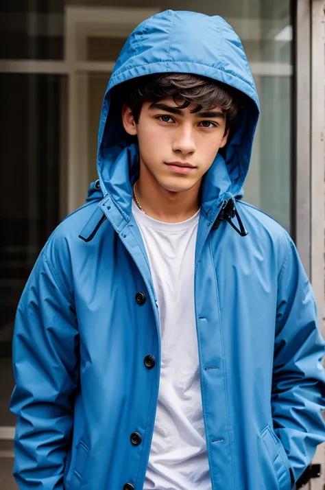 A 18 year old boy with covered by a blue coat 
