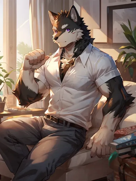 embedding:black wolf, male,purple eyes,Scar on the face, scar on the body,Single person，The fur on the chest and abdomen is white.Inside the apartment,Elder brother.Modern apartment, clean and tidy.casual Shirt，Casual pants,A mild expression,Maturity,The h...