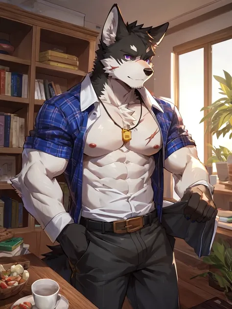 embedding:black wolf, male,purple eyes,Scar on the face, scar on the body,Single person，The fur on the chest and abdomen is white.Inside the apartment,Elder brother.Modern apartment, clean and tidy.casual Shirt，Casual pants,A mild expression,Maturity,The h...