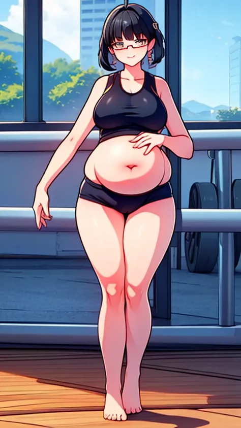 (Full body, glasses, detailed), An image of a pregnant girl wearing gym clothes with her belly on full display. She is a very voluptuous lady, she has a smug face and she is barefoot