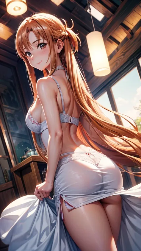 high resolution, ultra-sharp, 8k, Masterpiece, Asuna Yuki, looking at the viewer, Photography from behind, thick ass, wearing white lingerie, seductive smile, beautiful face