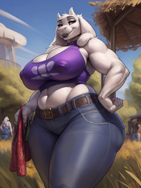 by darkgem, by duase, by kevinsano, solo, 1girl, toriel, maroon eyes, female, older woman, smooth body, athletic, buff, wide body, wide hips, thick thighs, big arms, heavy breasts, nipple outline, highly detailed eye, (slit pupil), (black pupil:1.3), milf,...