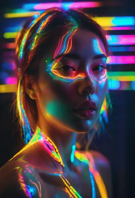 full portrait unique photography with light and painting. Using Fluorescent materials to form abstract patterns that are implemented on the pretty japanese women face with dynamic pose. Phosphorescent materials store light and release it slowly. glow in th...