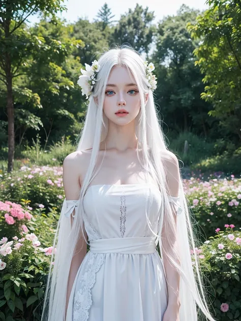 Long white hair, blue eyes, serious features, white skin, loose style, in a garden, with flowers , in the forest 