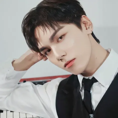 trimmed man in vest and tie leaning against a piano, cai xukun, jungkook from bts,  Kim Doyoung, thanjun chengt, jungkook, hyung tae, sha xi, jeon Jungkook, Hsiao-ron, Jinyoung Shin, jia, Hong Jun Hyung, heise jinyao, Tae June Kim, than, inspired by Bian S...