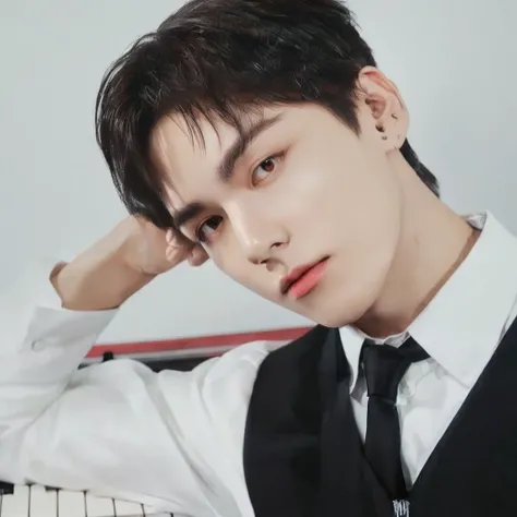 trimmed man in vest and tie leaning against a piano, cai xukun, jungkook from bts,  Kim Doyoung, thanjun chengt, jungkook, hyung tae, sha xi, jeon Jungkook, Hsiao-ron, Jinyoung Shin, jia, Hong Jun Hyung, heise jinyao, Tae June Kim, than, inspired by Bian S...