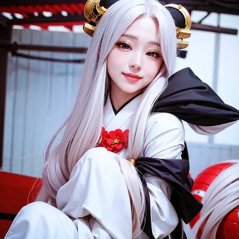 Anime girl, Long white hair, pale skin, white eyes, long white kimono, katana in hand, smiling