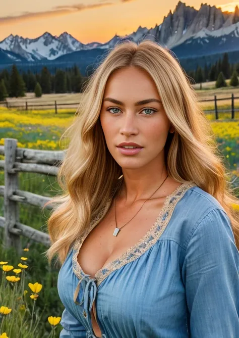 close up photography, a western scene, A beautiful lone blonde woman standing next to a split fence in a flower filled meadow in the Sawtooth Mountains in Idaho as the sun sets; wearing a mno without a shirt and a blouse with a neckline , sexy peasant, eur...