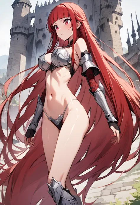 (masterpiece、Highest quality:1.3,absurderes),1woman,25 year old beauty,独奏、Woman warrior,((very small head)),red hair,long hair,blunt bangs,red eyes,gorgeous eyes,shy,medium breasts,((very long body)),((toned body,slender body,)),skinny,gleaming skin,shiny ...