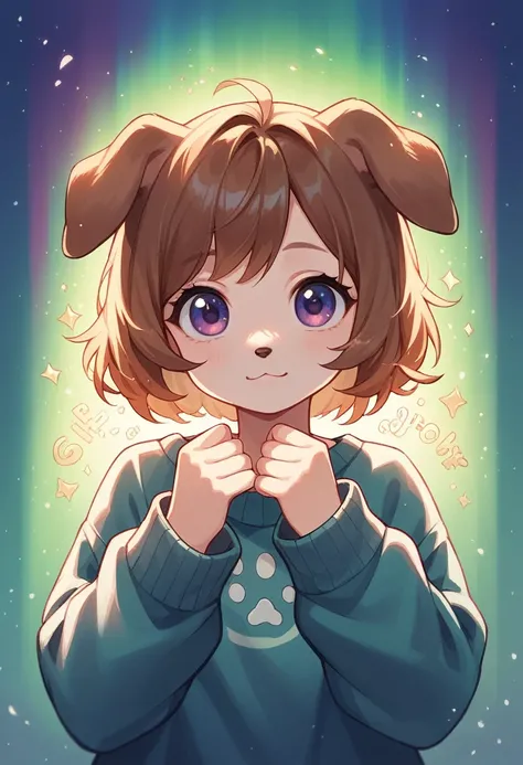 cute dog, cartoon, arms, sweater, cute eyes, looking at viewer, hands up, dog ears, effects background, aurora boreal, particles