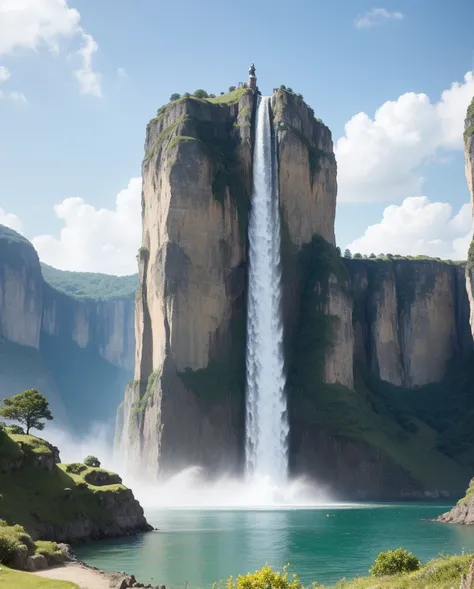 Masterpiece, ultimate quality, Cg unity 8k wallpaper, super delicate, beautiful sky and clouds, rich natural scenery, cliffs, lakes and rivers, waterfalls and flying water, beautiful green mountains, no trace of people, excellent scenery, has already won a...