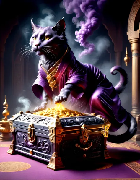 (Thick smoke floated out of an opened golden treasure chest and gradually turned into a monster in the air.)，Giant cat demon，The opened golden treasure chest was inspired by《Aladdins magic lamp》，The hair of the monster that turned into smoke is dark black，...