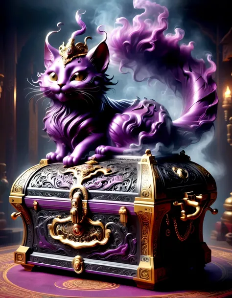 (Thick smoke floated out of an opened golden treasure chest and gradually turned into a monster in the air.)，Giant cat demon，The opened golden treasure chest was inspired by《Aladdins magic lamp》，The hair of the monster that turned into smoke is dark black，...