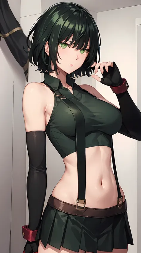 green eyes, (green color hair:1.2),By bang，short hair, white crop top, elbow pad, fingerless gloves, suspenders, pleated skirt, red boots, (perfect hands, perfect anatomy),