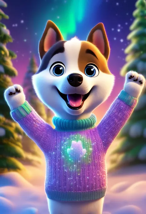 cute dog, cartoon, arms, sweater, cute eyes, looking at viewer, hands up, dog ears, effects background, aurora boreal, particles