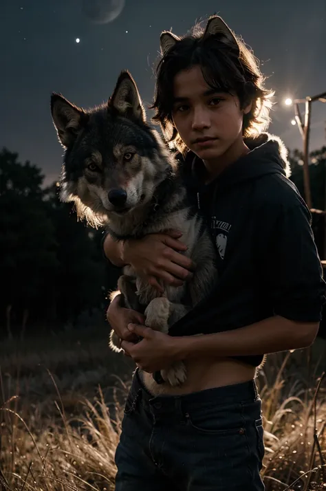 Wolf and boy in full moon light 