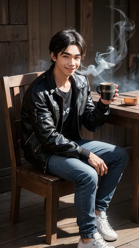 Realist 3D caricature, a young man, Indonesian face, wearing a black jacket, wearing jeans, wearing sneakers, sitting on a wooden chair, smiling, while carrying a cup of warm coffee, smoke effect, black rustic photography background, UHD, Hasselblad X1D II...