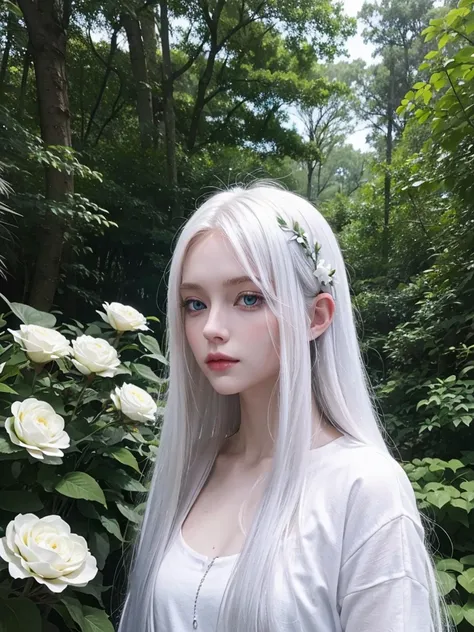 Long white hair, blue eyes, serious features, white skin, loose style, in a garden, with flowers , in the forest 