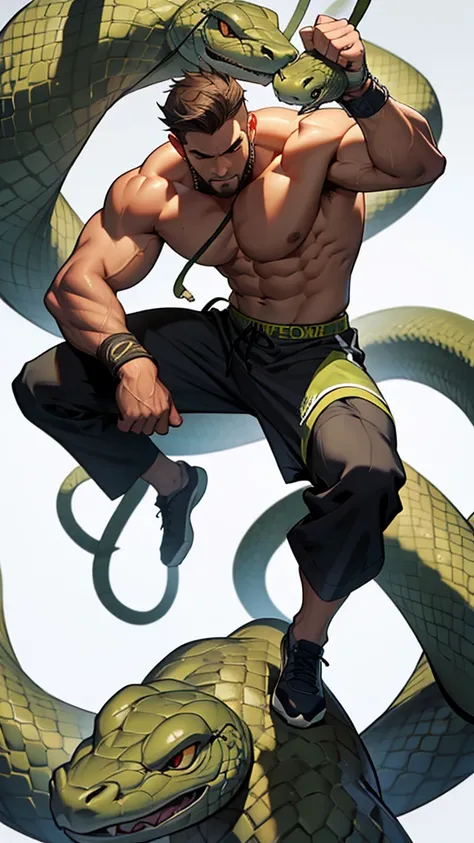 muscular person fighting with a snake and having the snake wrapped around him