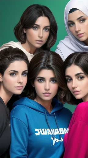 group of handsome Judaean woman gathered together, in sweatshirts and short hair focusing on their faces.