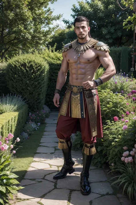 make a picture of a man warrior in a garden