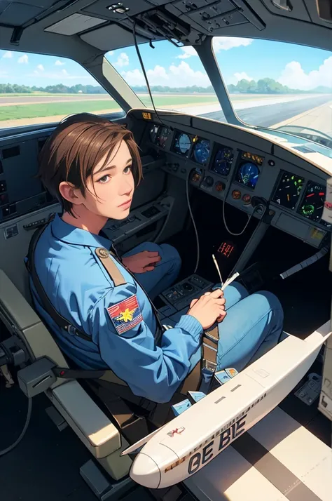 (Realistic, Realistic: 1.37),(masterpiece),( best quality), 1men, pilot, flying airplane, from cockpit, leotard,