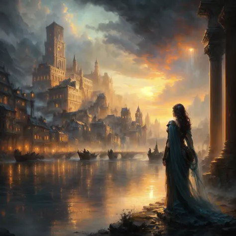 a painting of a woman standing in front of a river, breathtaking fantasy art, beautiful fantasy painting, beautiful fantasy art, very beautiful fantasy art, dramatic fantasy art, medieval fantasy art, marc _ simonetti, epic fantasy novel cover art, in fron...