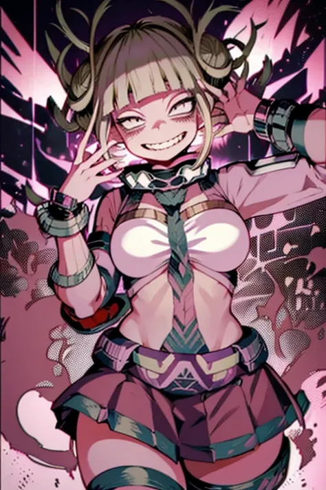 (\himiko toga:)/,(boku no hero academia:1.5),(wearing),+, (a sexy miniskirt going up to the ass and a pink blouse with a necklin...