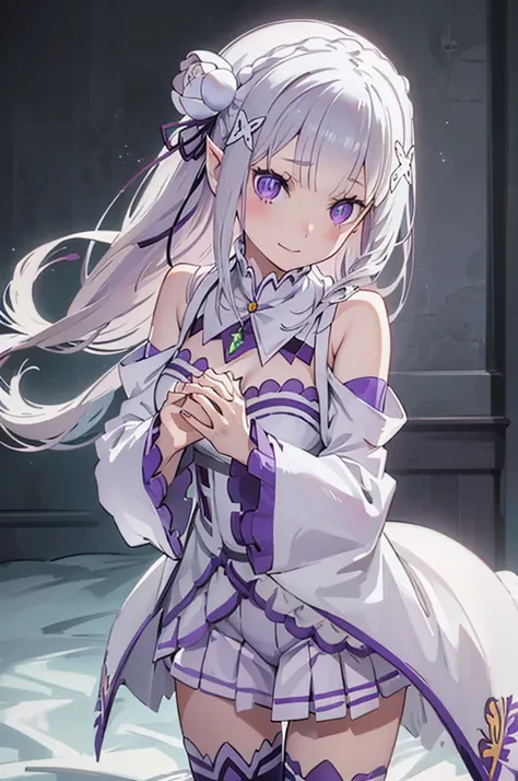 emilia, 
rezero emilia, 
1girl, 
best illustration, masterpiece, best quality, 
perfect anatomy, nice hands, perfect hands, brea...