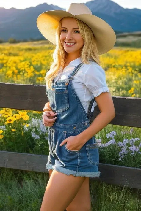 close up photography, a western scene, a beautiful blonde woman smiling alone standing next to a divided fence in a meadow full ...