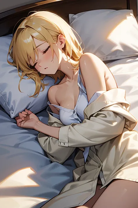 a beautiful blonde haired girl sleeping in a bed, wearing a white shirt with the sleeves rolled up, tie loosened, torn clothes, slender figure, beautiful collarbone