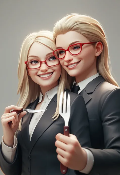 (avatar blonde woman long hair alone smiling), (only the bust), (Black Suit), (Red glasses), (fork in one hand and knife in the other hand), (3d style image).